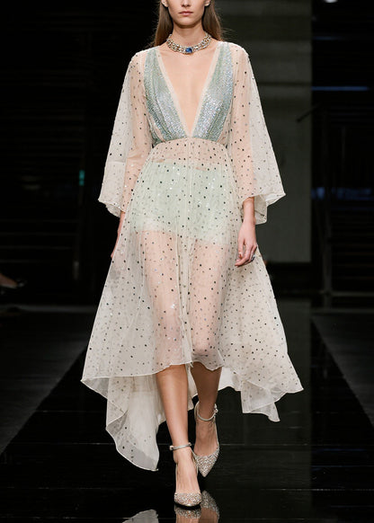 Women Beige Sequins Sheer Tulle Beach Dresses Summer