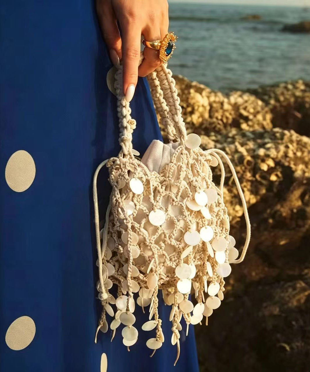 Women Beige Sequins Weave Cut Out Tote