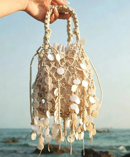 Women Beige Sequins Weave Cut Out Tote