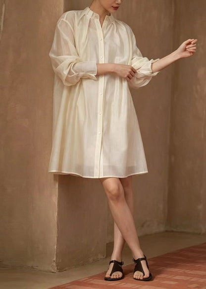 Women Beige Stand Collar Pleated Vacation Dress Long Sleeve