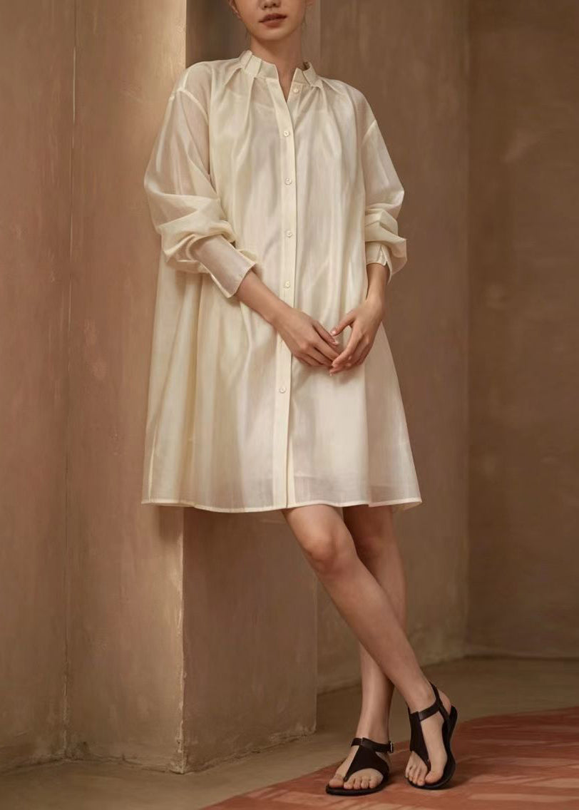 Women Beige Stand Collar Pleated Vacation Dress Long Sleeve