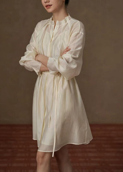 Women Beige Stand Collar Pleated Vacation Dress Long Sleeve