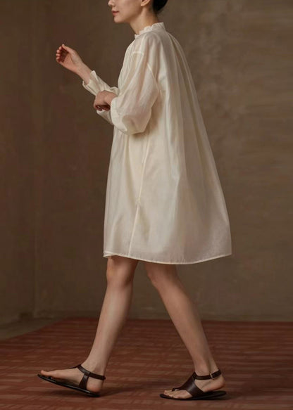 Women Beige Stand Collar Pleated Vacation Dress Long Sleeve