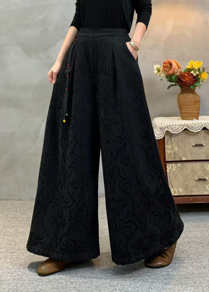 Women Beige Tassel Embroidered Warm Fleece Pants Winter