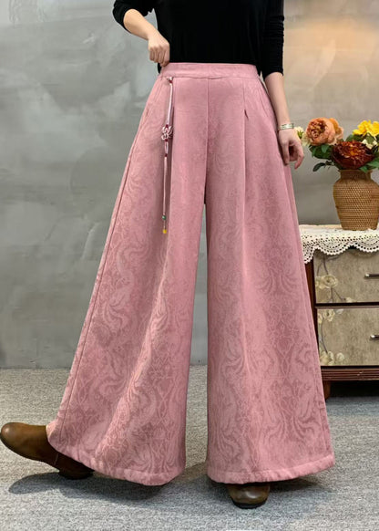 Women Beige Tassel Embroidered Warm Fleece Pants Winter