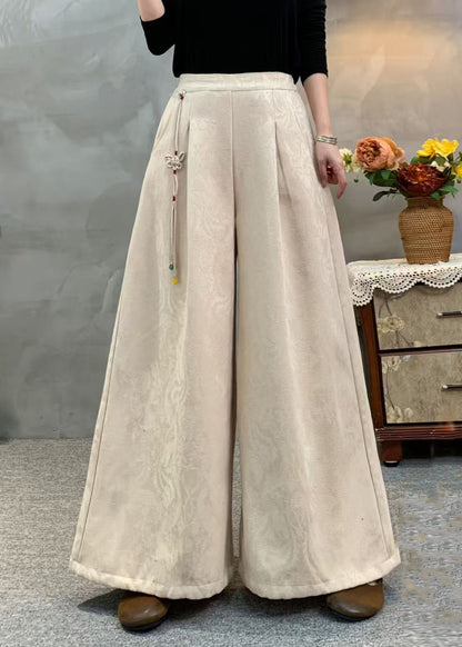 Women Beige Tassel Embroidered Warm Fleece Pants Winter