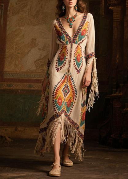 Women Beige Tasseled Print Chiffon Maxi Dresses Summer