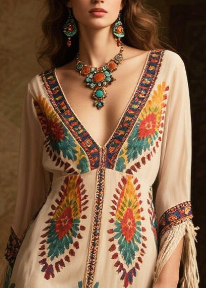 Women Beige Tasseled Print Chiffon Maxi Dresses Summer