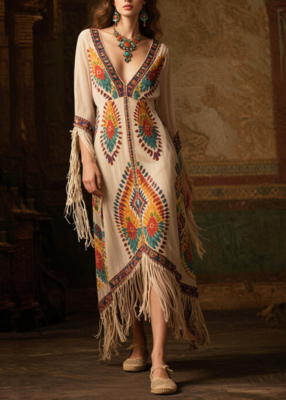 Women Beige Tasseled Print Chiffon Maxi Dresses Summer