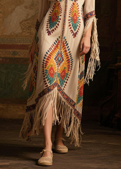 Women Beige Tasseled Print Chiffon Maxi Dresses Summer