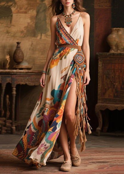 Women Beige Tasseled Side Open Chiffon Sundress Summer