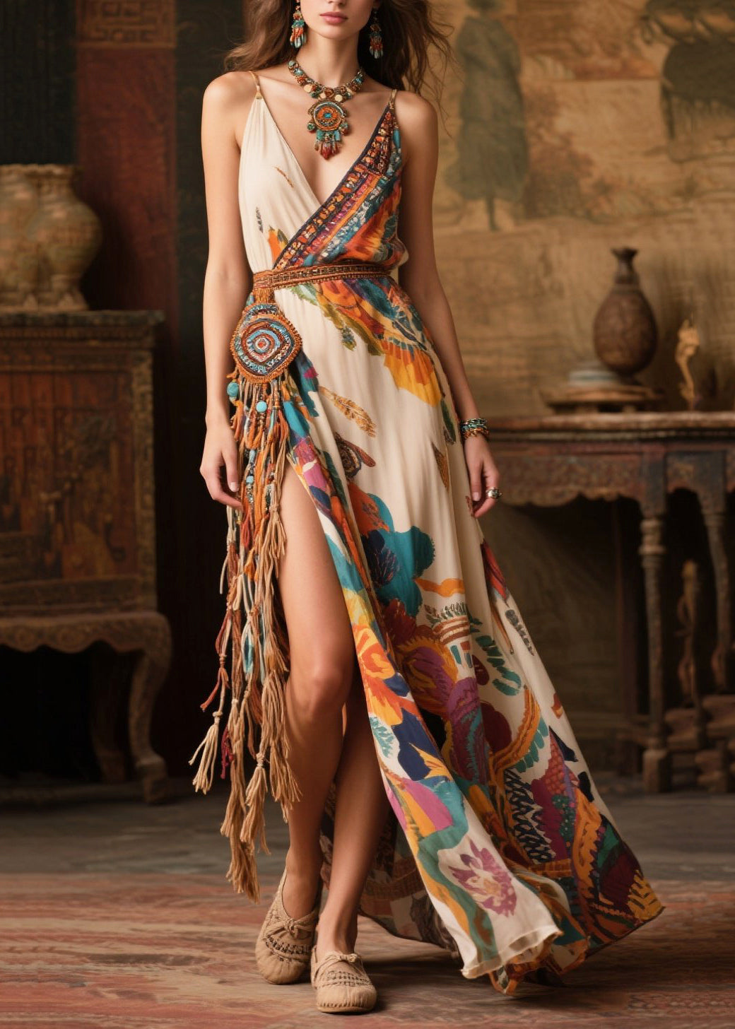 Women Beige Tasseled Side Open Chiffon Sundress Summer