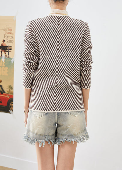 Women Beige Turtle Neck Striped Silm Fit Knit Sweater Winter