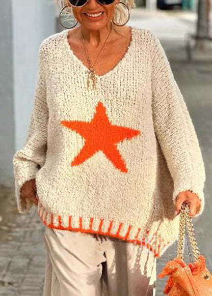 Women Beige V Neck Hollow Out Knit Sweaters Spring