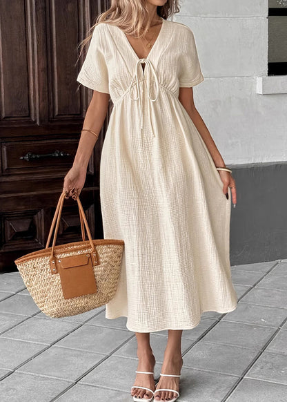 Women Beige V Neck Lace Up Patchwork Cotton Dress Summer
