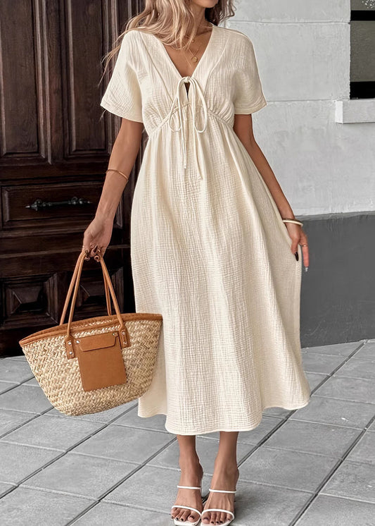 Women Beige V Neck Lace Up Patchwork Cotton Dress Summer