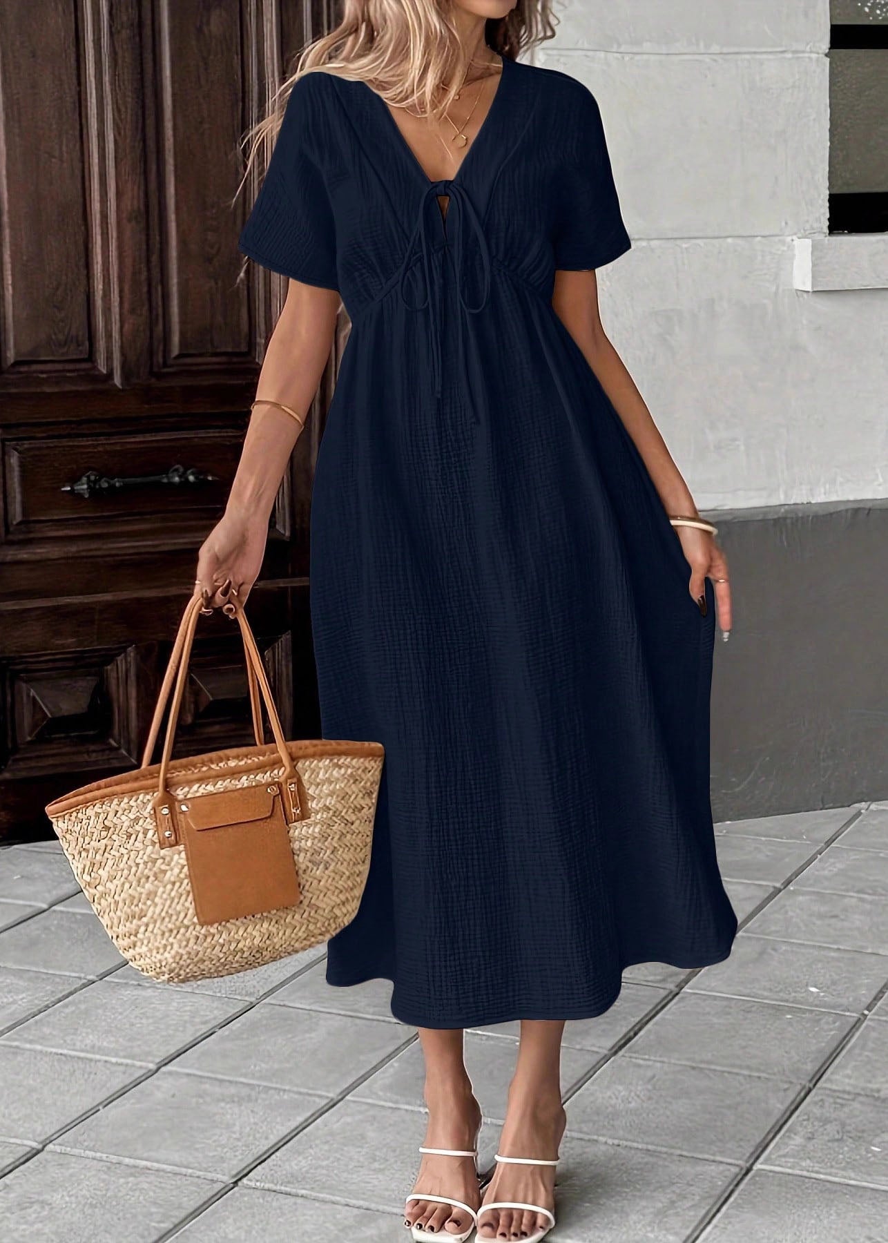 Women Beige V Neck Lace Up Patchwork Cotton Dress Summer