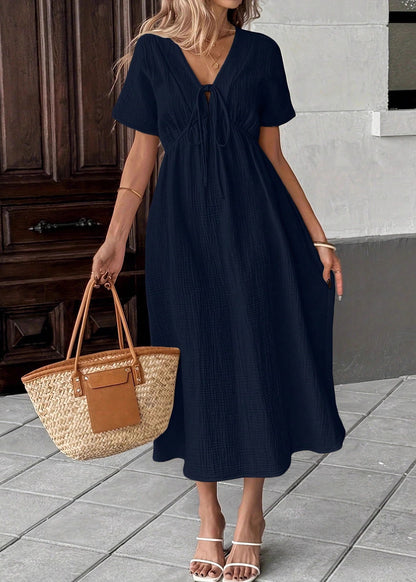 Women Beige V Neck Lace Up Patchwork Cotton Dress Summer