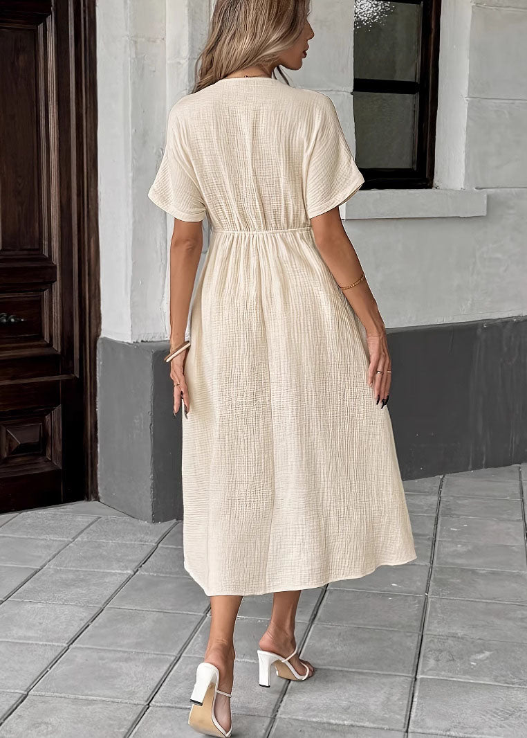 Women Beige V Neck Lace Up Patchwork Cotton Dress Summer