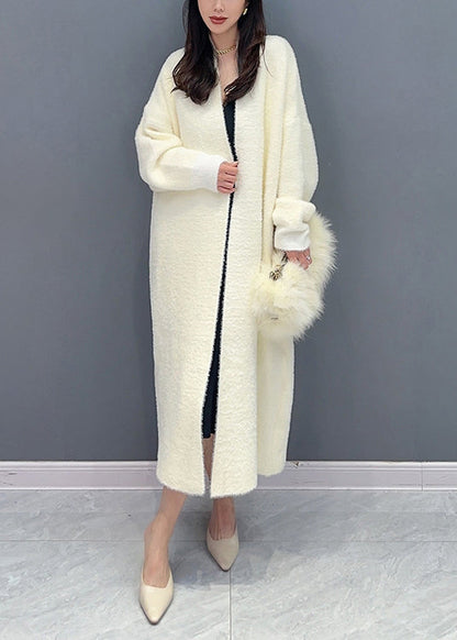 Women Beige V Neck Patchwork Mink Hair Knitted Loose Cardigan Fall