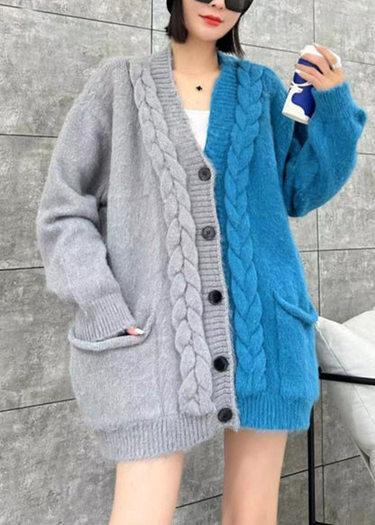 Women Beige V Neck Pockets Button Patchwork Knit Cardigan Spring