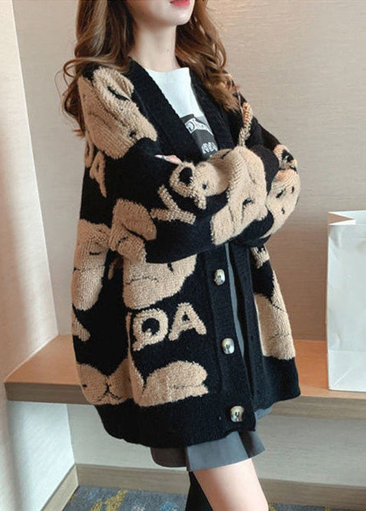 Women Black Animal Letter Button Cotton Knit Coat Long Sleeve