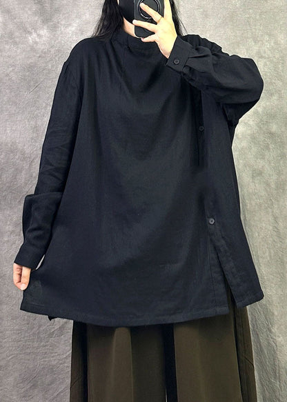 Women Black Asymmetrical Cotton A Line Shirt Top Fall
