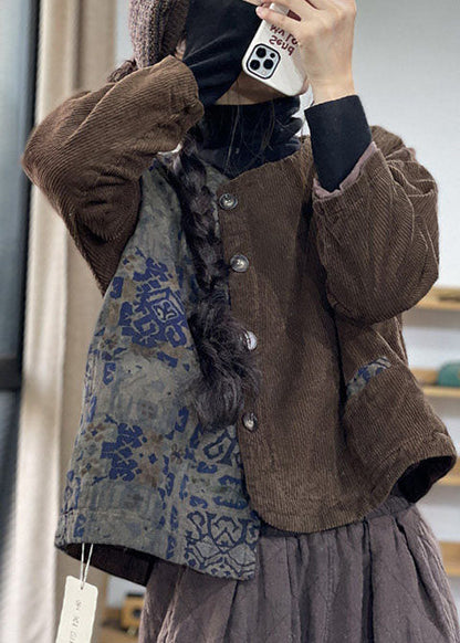 Women Black Asymmetrical Patchwork Corduroy Fine Cotton Filled Jacket Winter