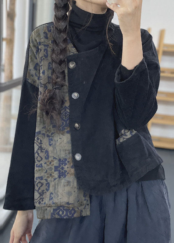 Women Black Asymmetrical Patchwork Corduroy Fine Cotton Filled Jacket Winter