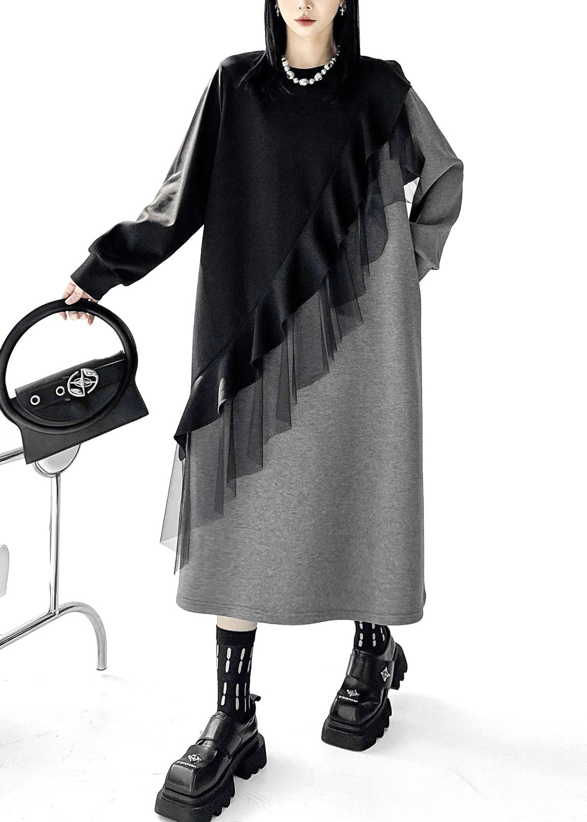 Women Black Asymmetrical Patchwork Cotton Long Dress Fall