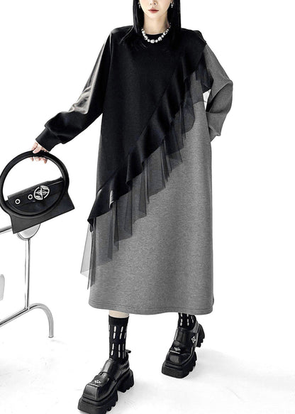 Women Black Asymmetrical Patchwork Cotton Long Dress Fall