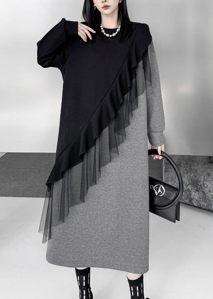 Women Black Asymmetrical Patchwork Cotton Long Dress Fall