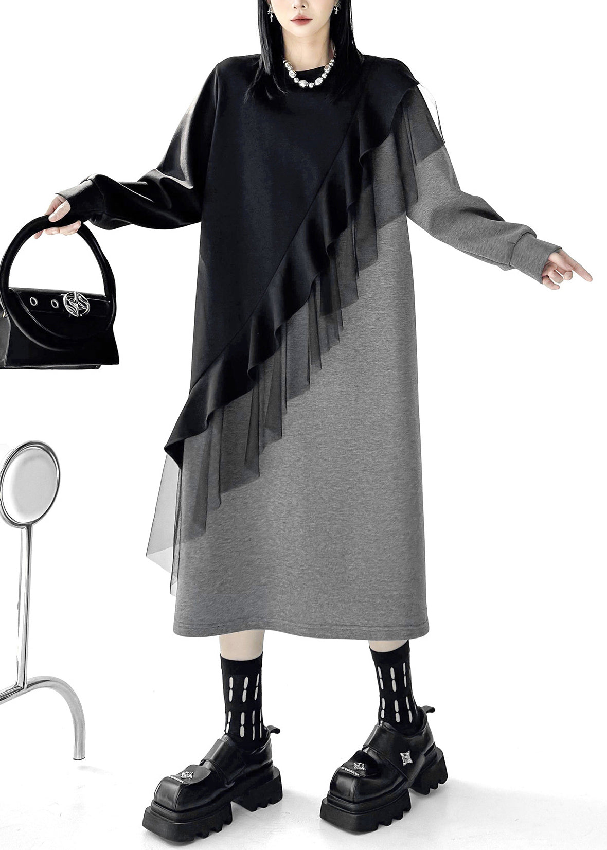 Women Black Asymmetrical Patchwork Cotton Long Dress Fall