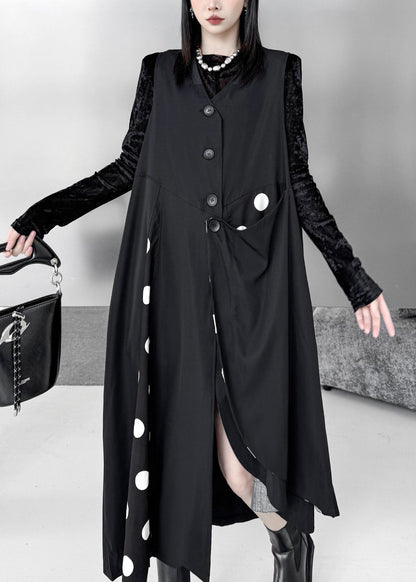Women Black Asymmetrical Patchwork Cotton Maxi Dresses Sleeveless