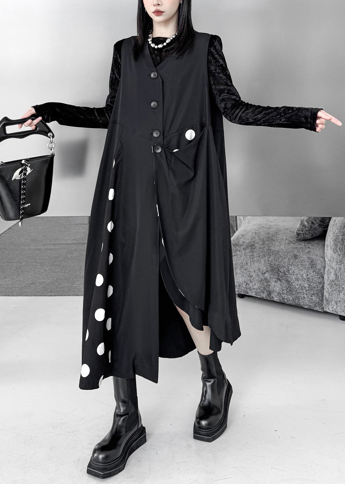 Women Black Asymmetrical Patchwork Cotton Maxi Dresses Sleeveless
