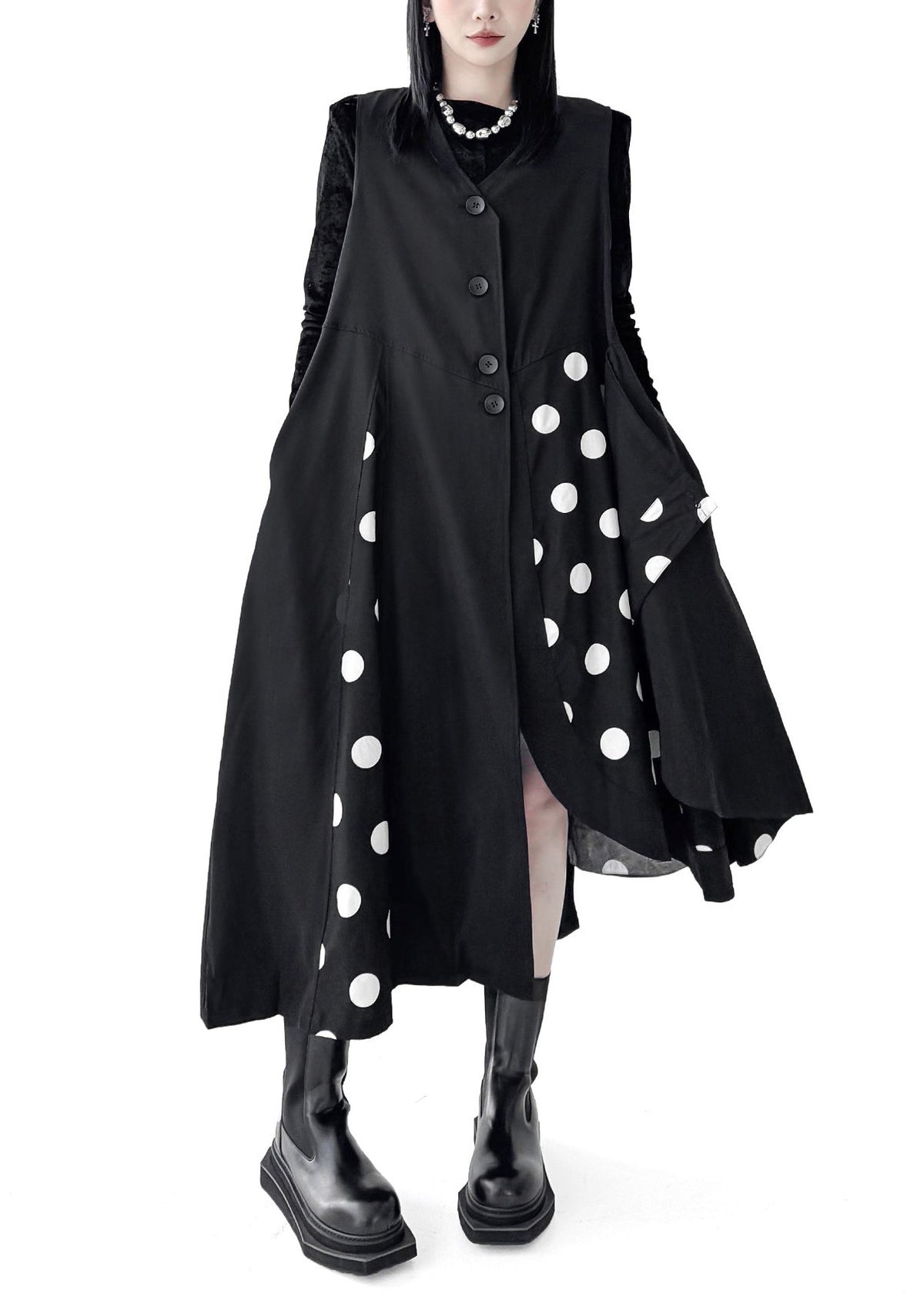 Women Black Asymmetrical Patchwork Cotton Maxi Dresses Sleeveless