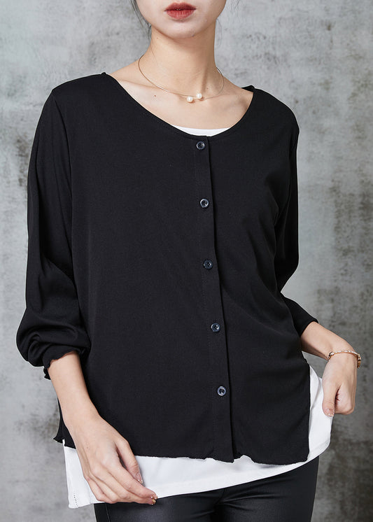 Women Black Asymmetrical Patchwork Cotton Sweatshirts Top Spring