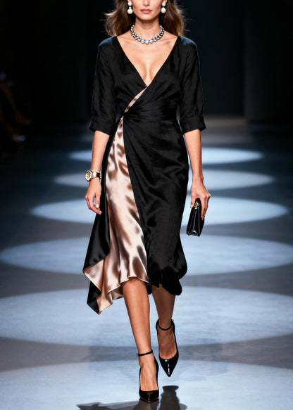 Women Black Asymmetrical Patchwork Draping Silk Dresses Summer