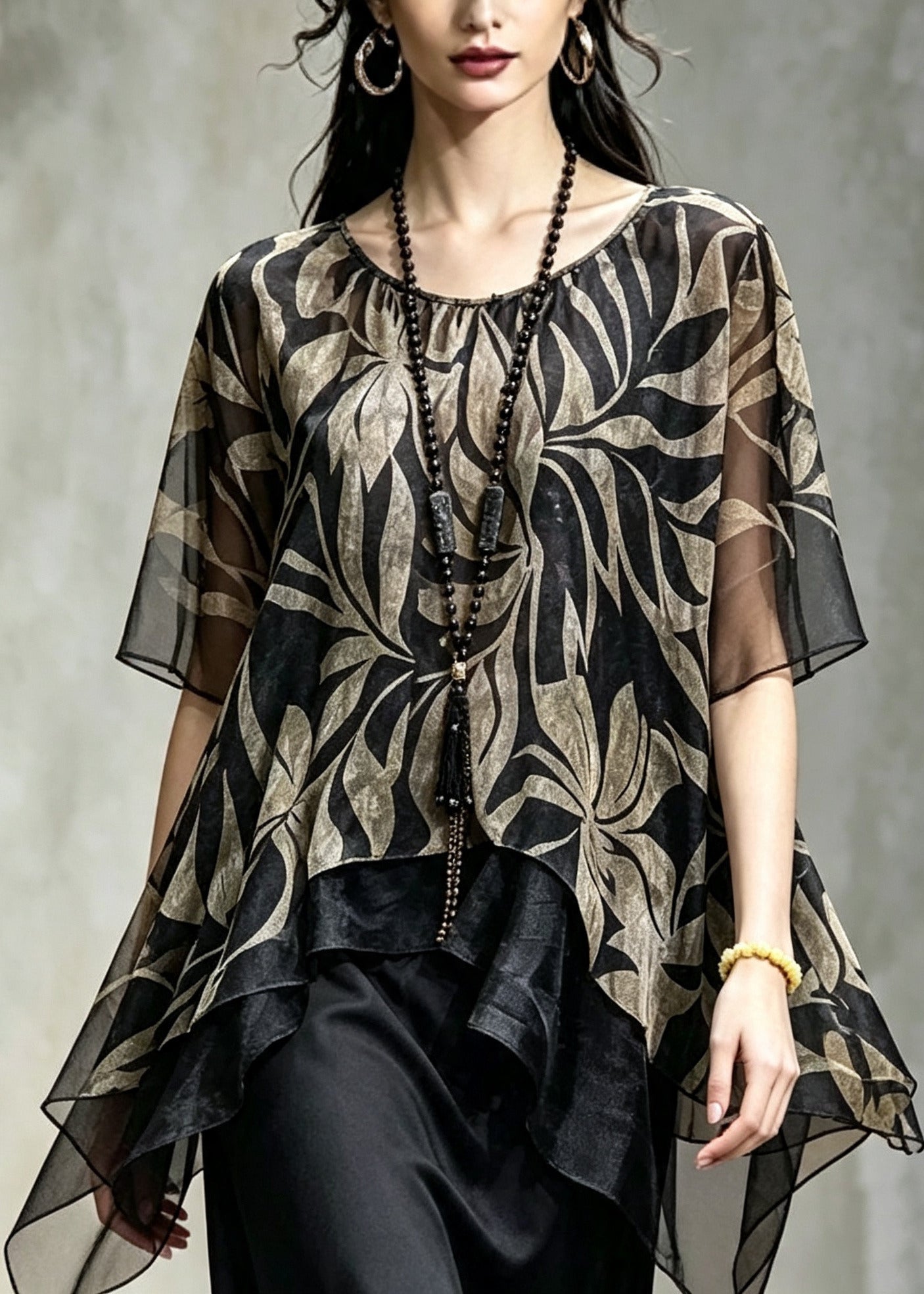 Women Black Asymmetrical Print Chiffon Shirt Summer