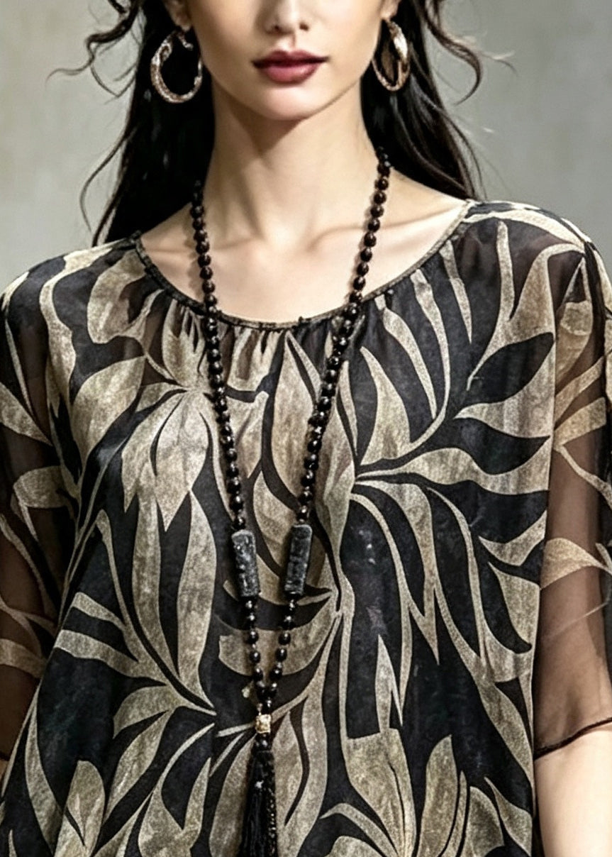 Women Black Asymmetrical Print Chiffon Shirt Summer