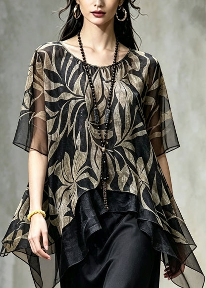 Women Black Asymmetrical Print Chiffon Shirt Summer