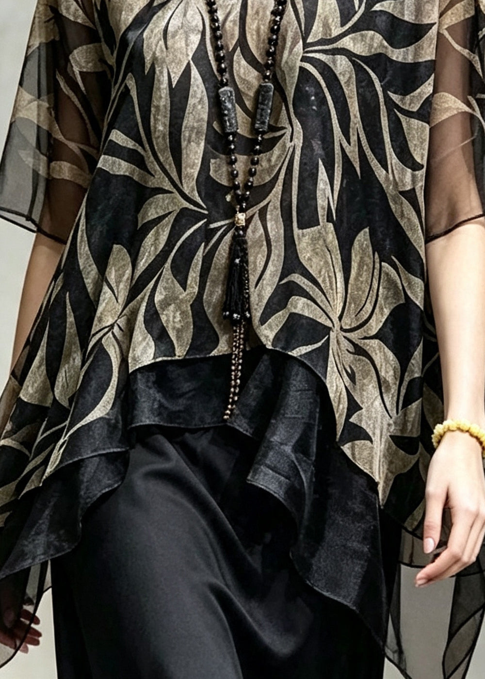 Women Black Asymmetrical Print Chiffon Shirt Summer