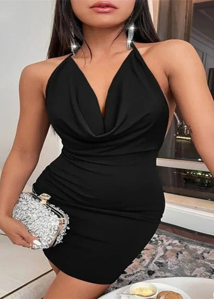 Women Black Backless Halter Evening Dress Summer