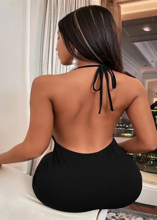 Women Black Backless Halter Evening Dress Summer
