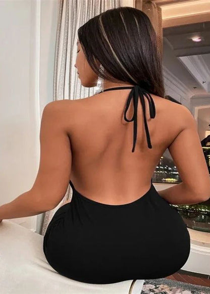 Women Black Backless Halter Evening Dress Summer