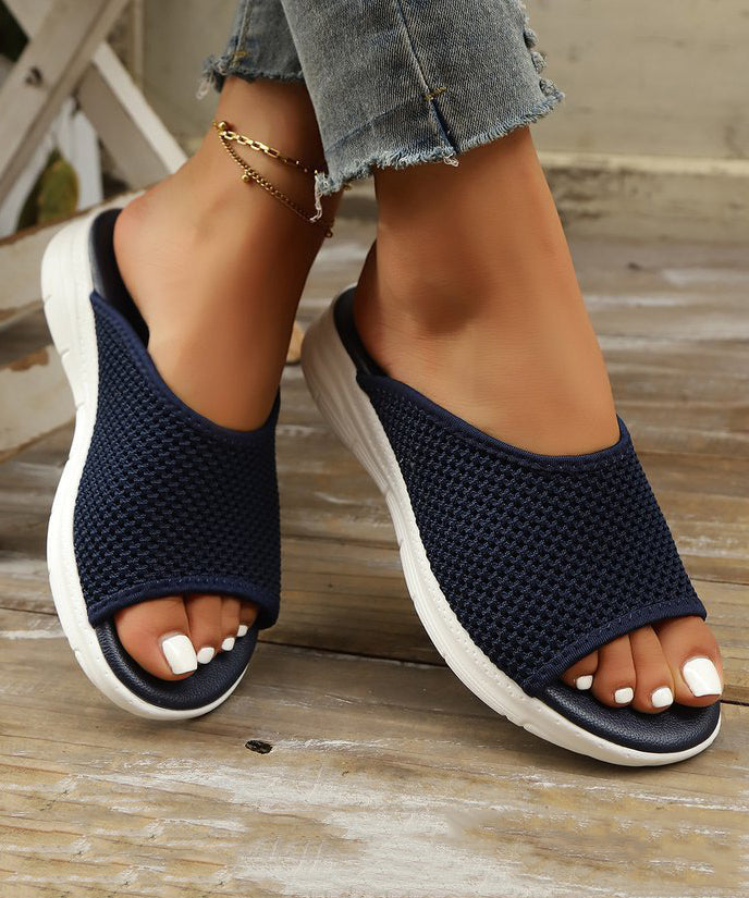 Women Black Breathable Mesh Peep Toe Slide Sandals