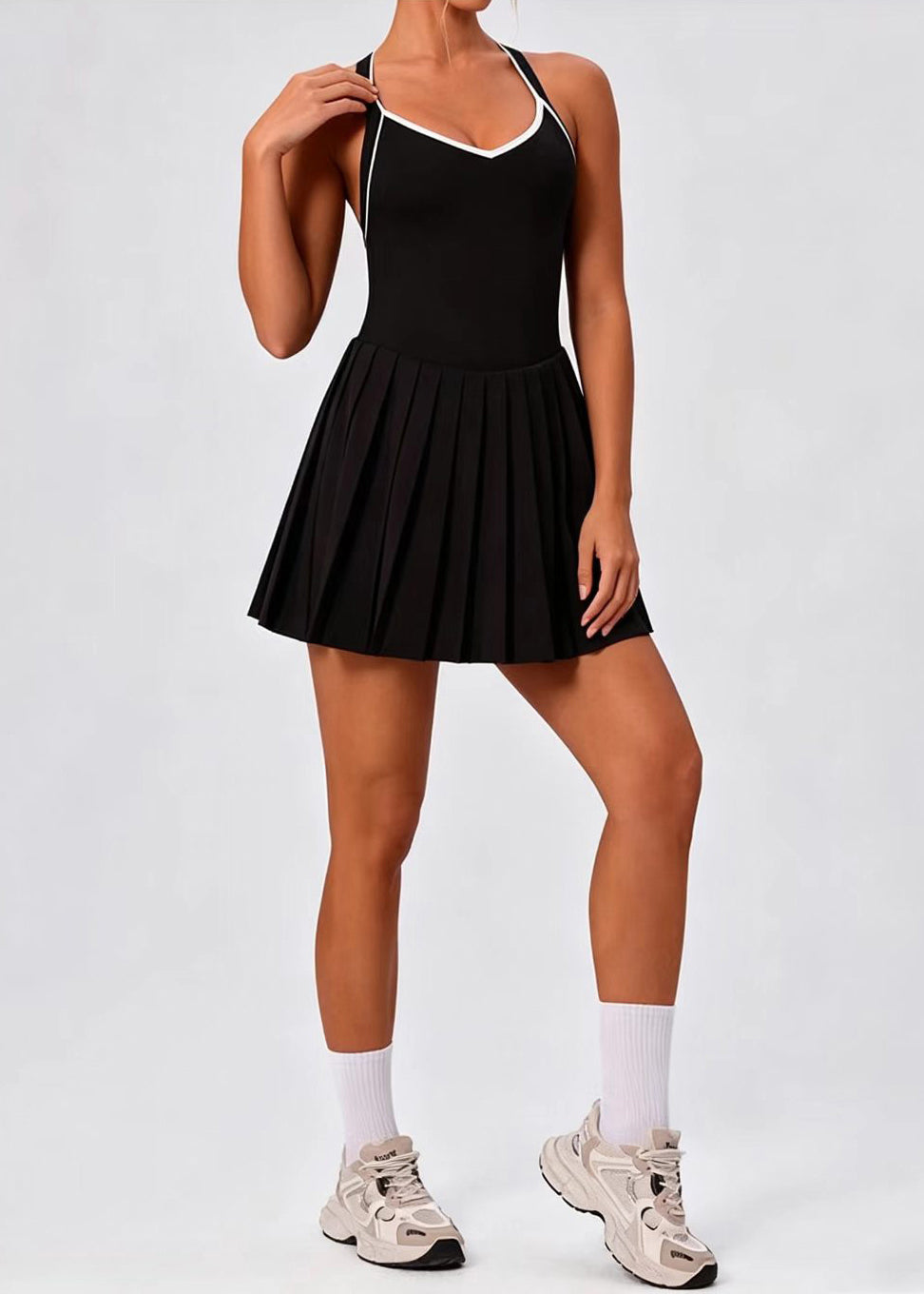 Women Black Built-In Pads And Built-In Shorts Pleated Cami Athletic Dress