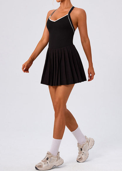 Women Black Built-In Pads And Built-In Shorts Pleated Cami Athletic Dress