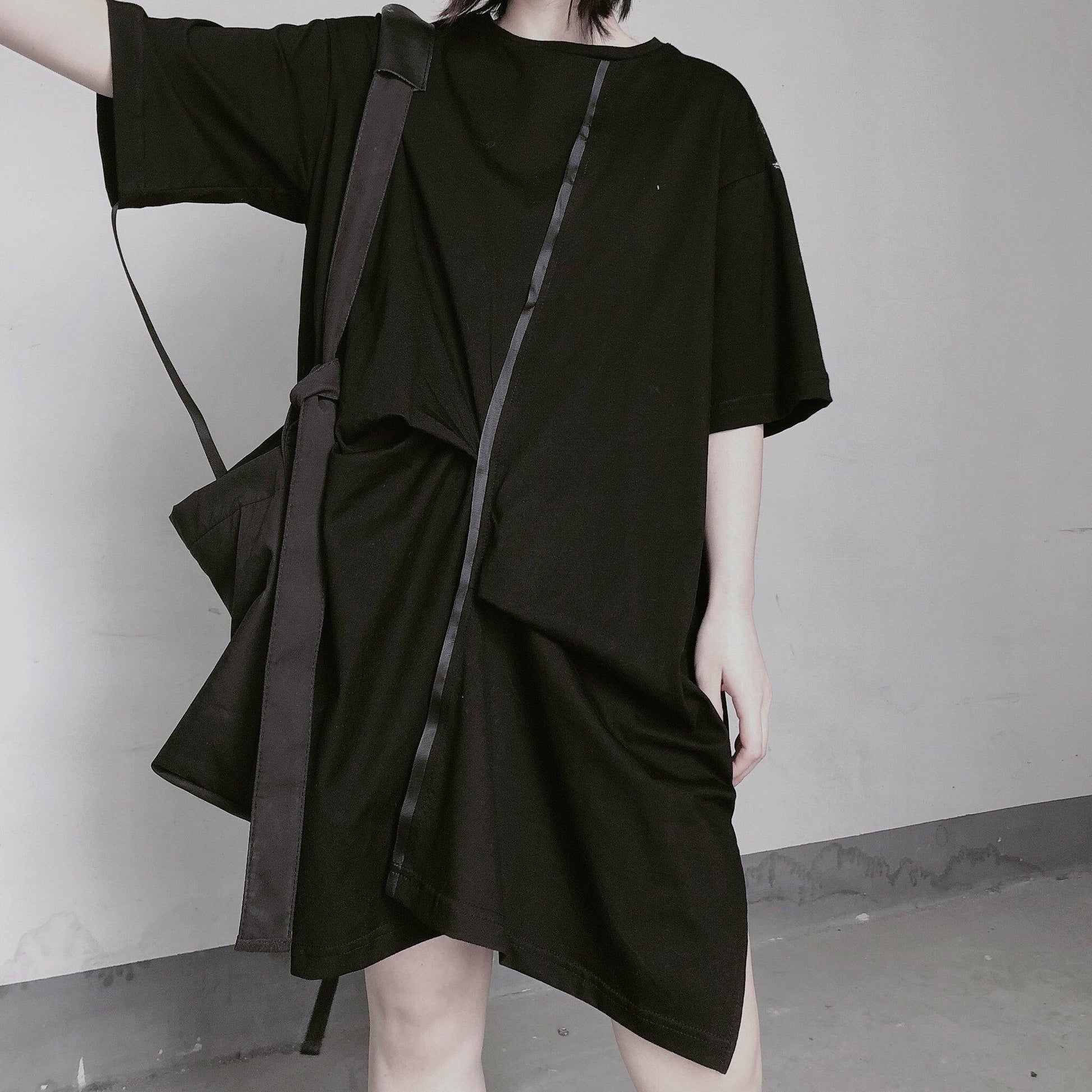 Women Black Clothes O Neck Half Sleeve Spring Dress - SooLinen