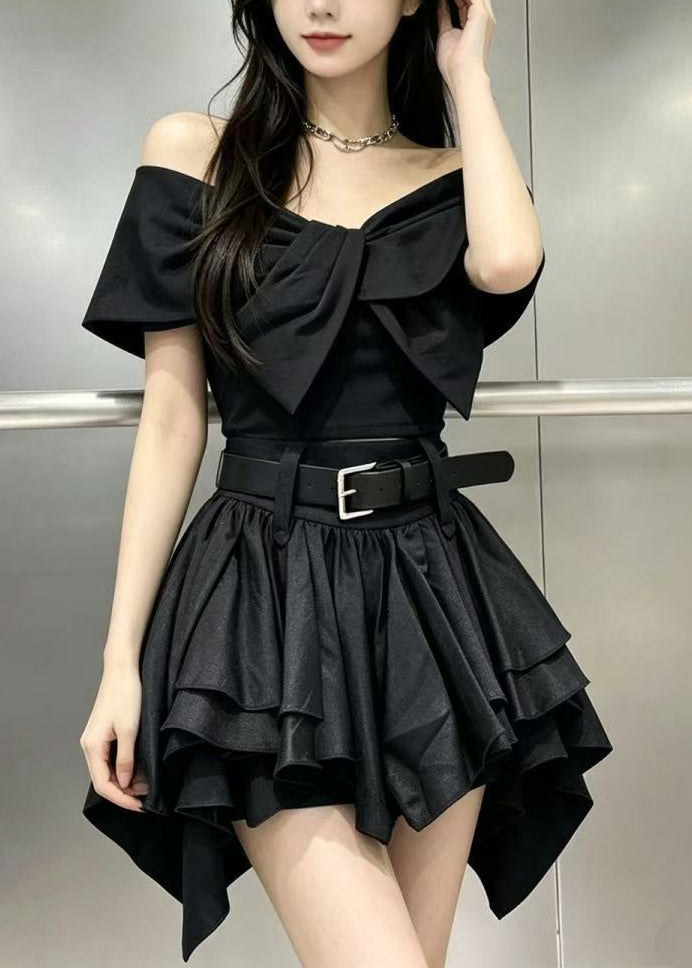 Women Black Cold Shoulder Layered Cotton Women Sets 2 Pieces Summer